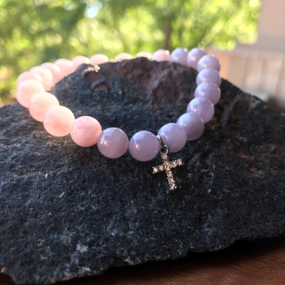 Grade A Pink Quartz Silver Pace CZ Cross Bracelet